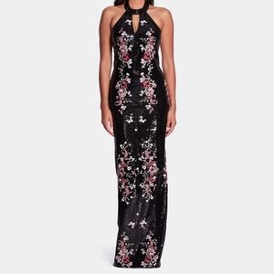 Marchesa Notte floral embroidered sequin halter dress